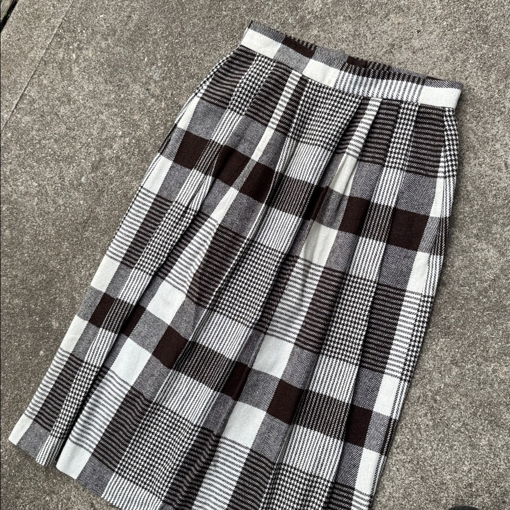 Vintage plaid midi skirt cream brown fall size small wool 90s preppy school girl